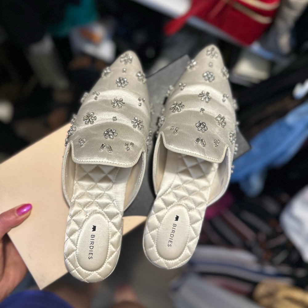 Birdies Lily White Crystal Satin Flats